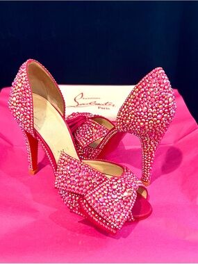 Christian Louboutin Swarovski Crystal Strass Heels With Bow Magenta Pink 36 🎀
